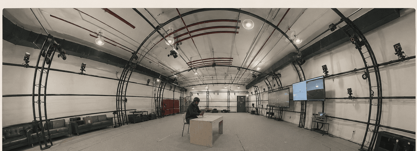 The Vicon capture volume: a long studio lined with infrared cameras tracking reflective markers at 200 Hz with sub-millimetre accuracy