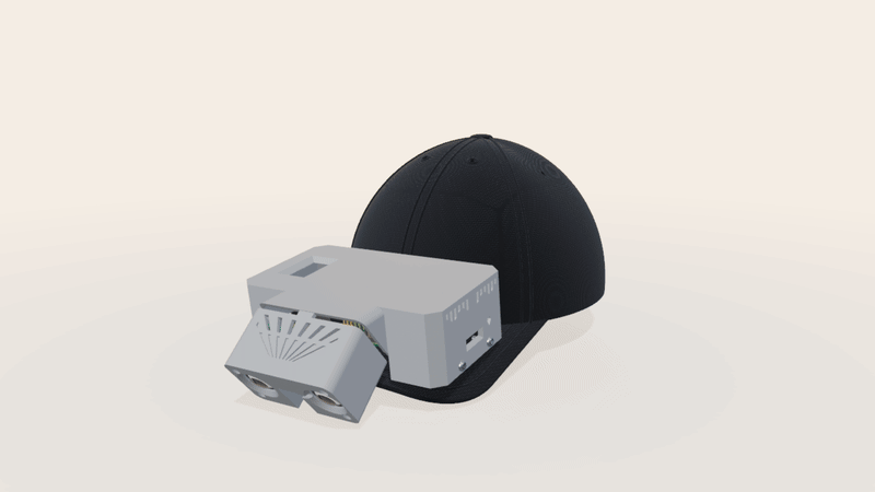 Exploded view of the Ego-OSCAR cap showing the camera mount, Radxa ROCK 5C, IMU, stereo camera and LilyPad button